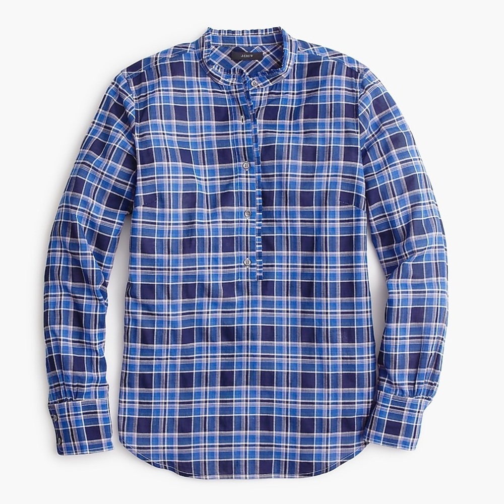 J Crew Ruffle Popover Shirt in Ocean Plaid Size 0